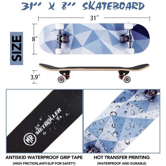METROLLER Skateboards for Beginners,31 x 8 Complete Standard Skate Boards - Picture 2 of 4